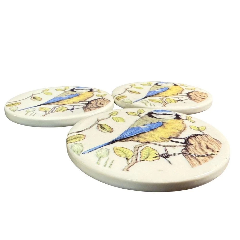 Set of 3 VTG Blue Tit Bird Ceramic Coasters Nature Illustration Decorative Discs